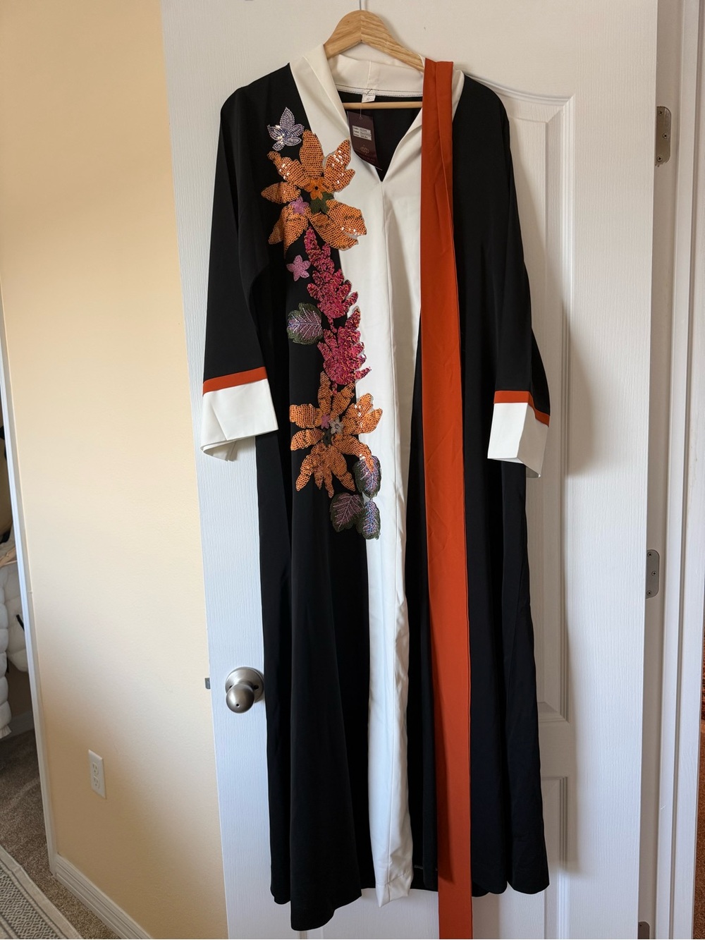 Black & White Floral Embroidered Maxi Dress with Rust Sash